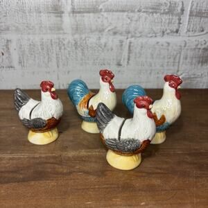 Ceramic Rooster & Hen Card Holders Set Of 4